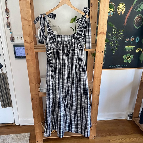 Anthropologie Maeve Black White Plaid Square-Neck Tie Strap Midi Dress Medium - Picture 6 of 16